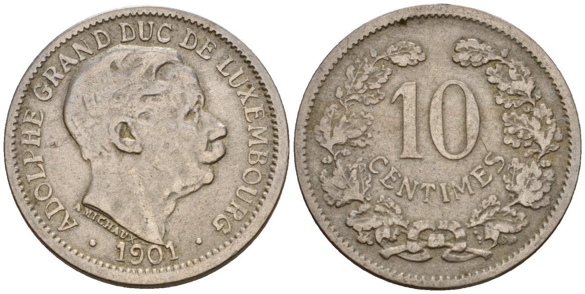 Люксембург 10 сантимов 1901 Адольф (1890-1905) KM 25 медно-никель 4602-455