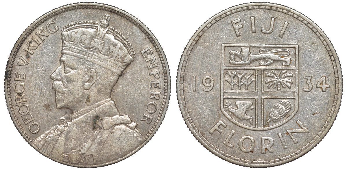 Фиджи 1 флорин 1934 Георг V (1910-1936), герб Фиджи KM 5 серебро 91-1226