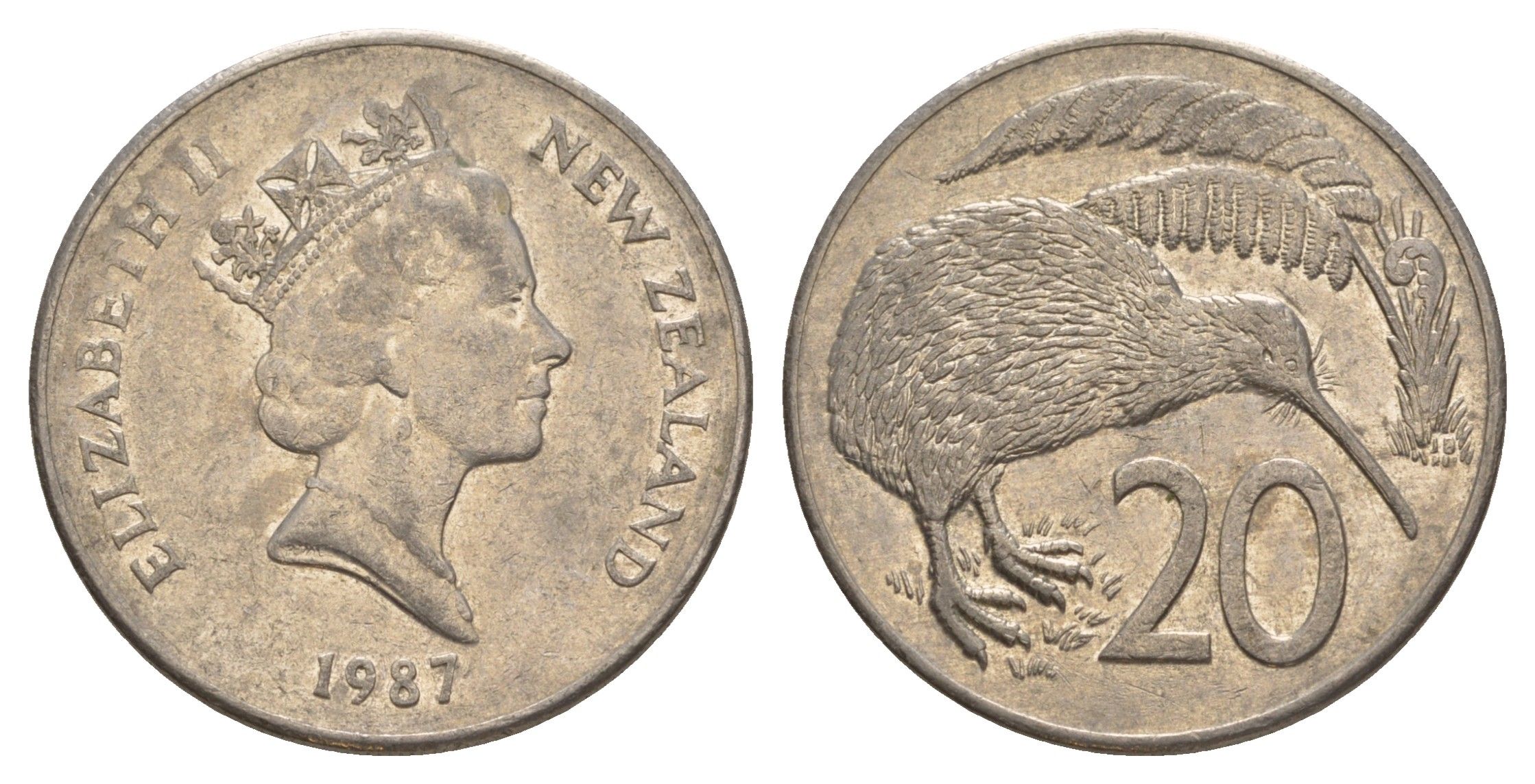 Новая Зеландия 20 центов 1987 Елизавета II (1952-2022), птичка киви KM 62 медно-никель 4187-347