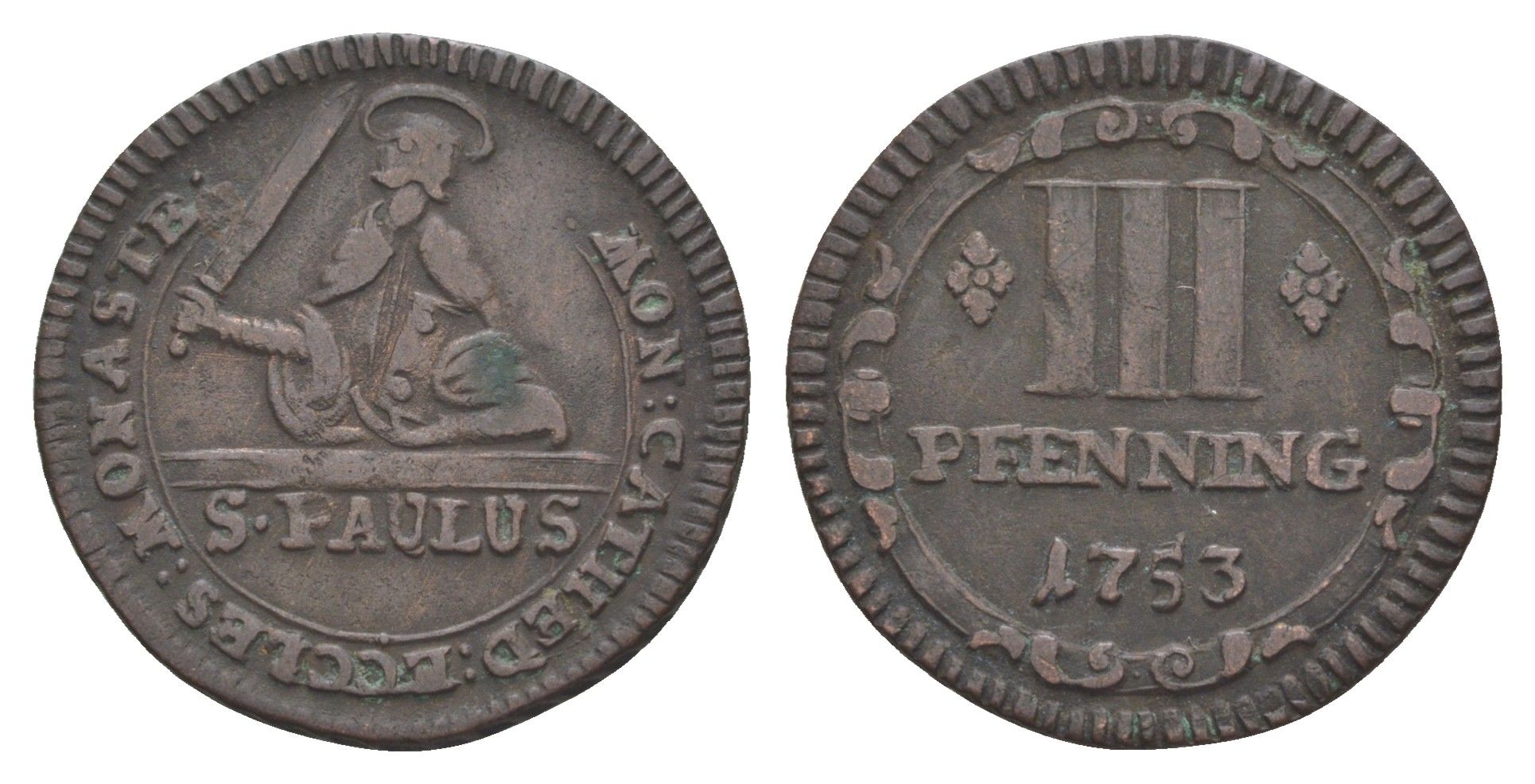 Мюнстер 3 пфеннига 1753 Монетный двор кафедрального капитула KM 431 медь 633-1633