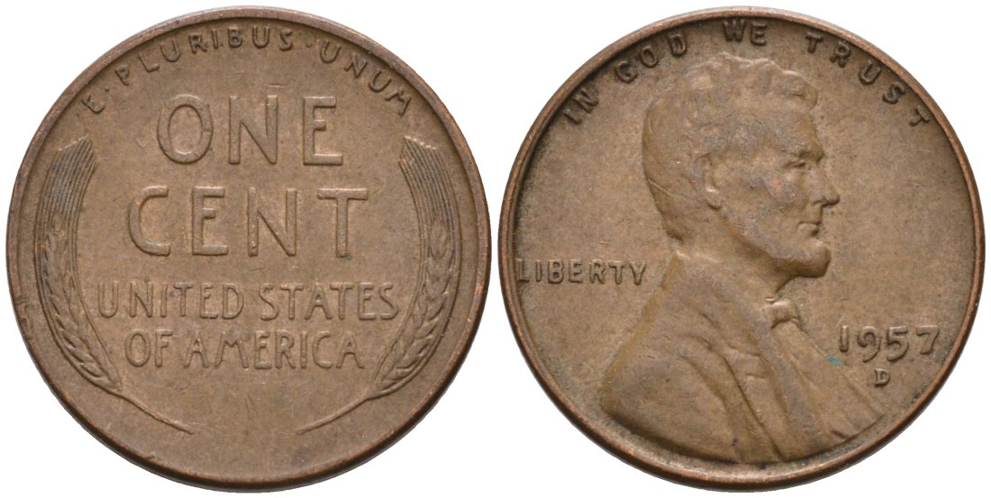 США 1 цент 1957 D, Линкольн KM А132 медь цинк 4564-311