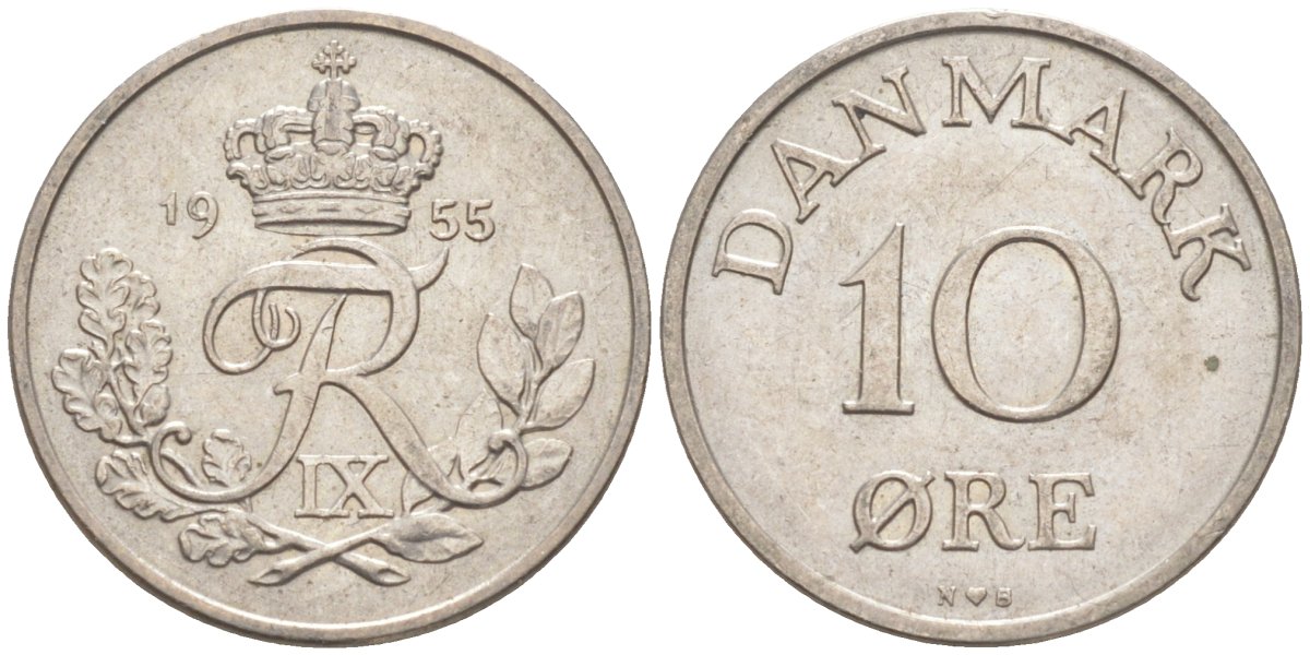 Дания 10 эре 1955 N; S, Фредерик IX (1947-1972) KM 841.1 медно-никель 187-511