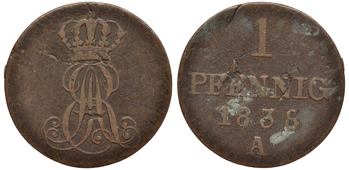 Ганновер 1 пфенниг 1838 A, Эрнст Август (1837-1851) KM 173.1, AKS 126, J. 54 медь 75-565
