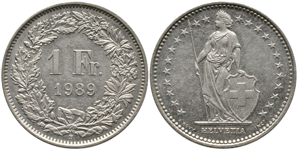 ШВЕЙЦАРИЯ 1 ФРАНК 1989 В KM 24а.3 медно-никель 4539-352