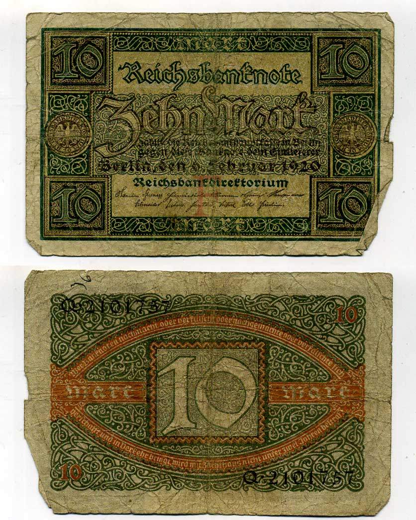 ГЕРМАНИЯ 10 МАРОК 1920 6 ФЕВРАЛЯ 1920, БУКВА F, СЕРИЯ Q, СЕМЬ ЦИФР В НОМЕРЕ СЕРИИ Pick 67a, Rosenberg 63а бумага 7146-28-3-1