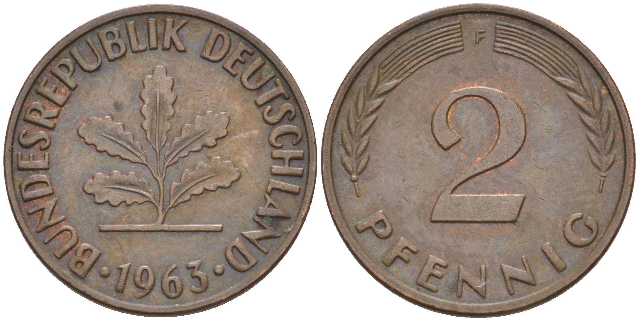 ФРГ 2 пфеннига 1963 F KM 106, J. 381 бронза 55-1137