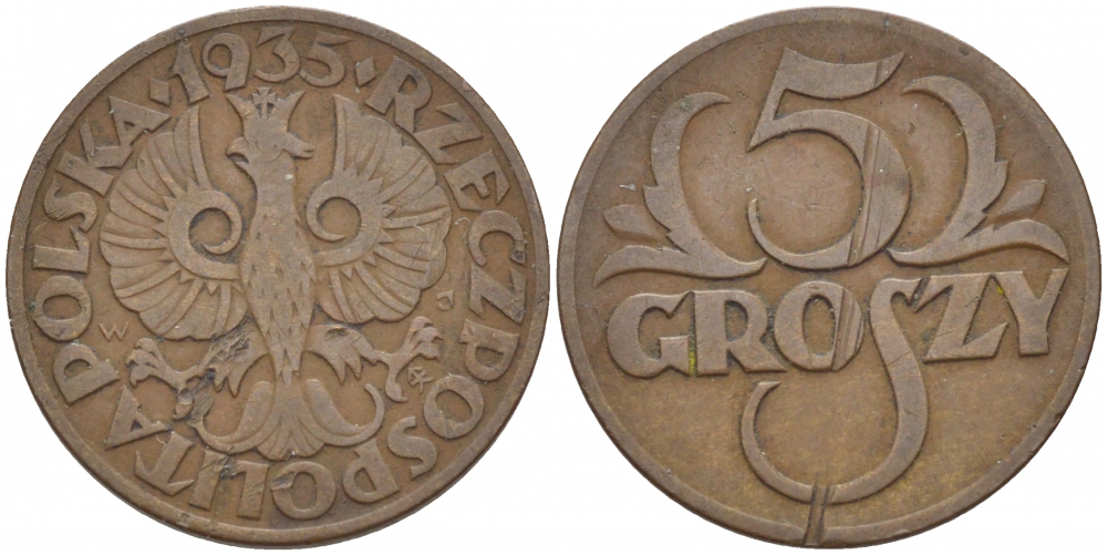 ПОЛЬША 5 ГРОШЕЙ 1935 w KM 10а бронза 112-1156