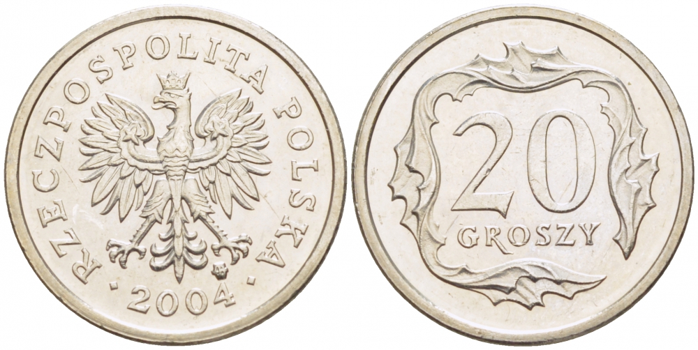 Польша 20 грошей 2004 MW KM 280, Parchimowicz 705l медно-никель UNC 4516-1232