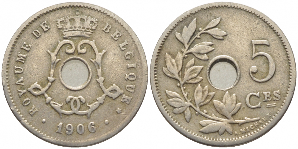 БЕЛЬГИЯ 5 САНТИМОВ 1906 BELGIQUE KM 54 медно-никель 105-1038
