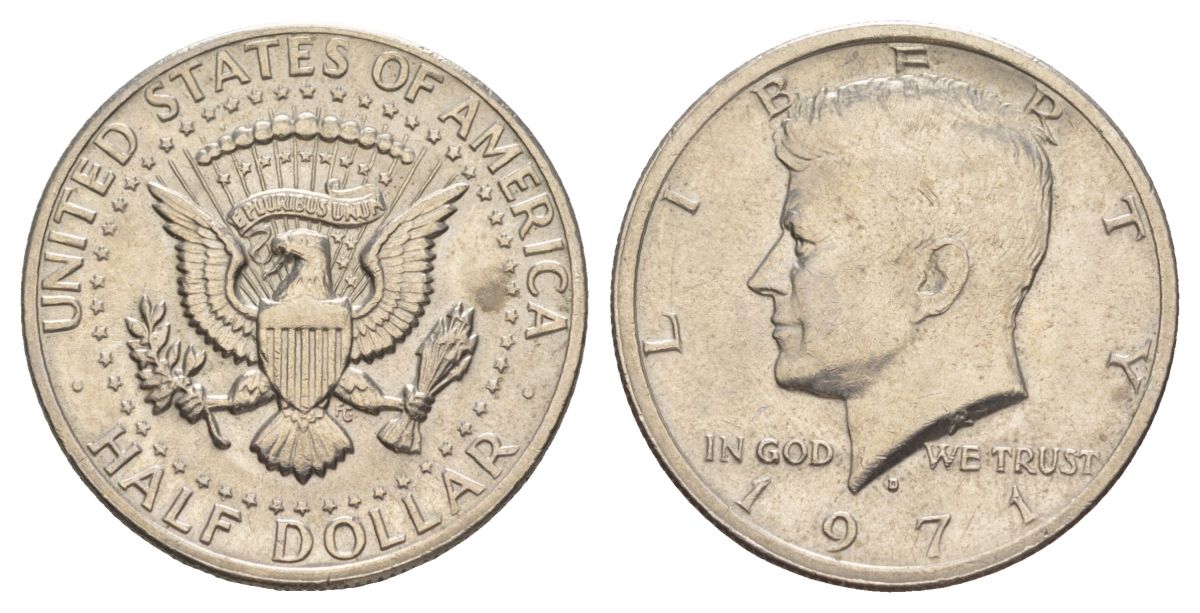 США 1/2 доллара (50 центов) 1971 D, Джон Кеннеди KM 202b медь плакированная медно-никелем aUNC 82-943