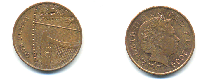 Великобритания 1 пенни 2009 Елизавета II (1952-2022) KM 1107, Spink B6 сталь плакированная медью 177-1159