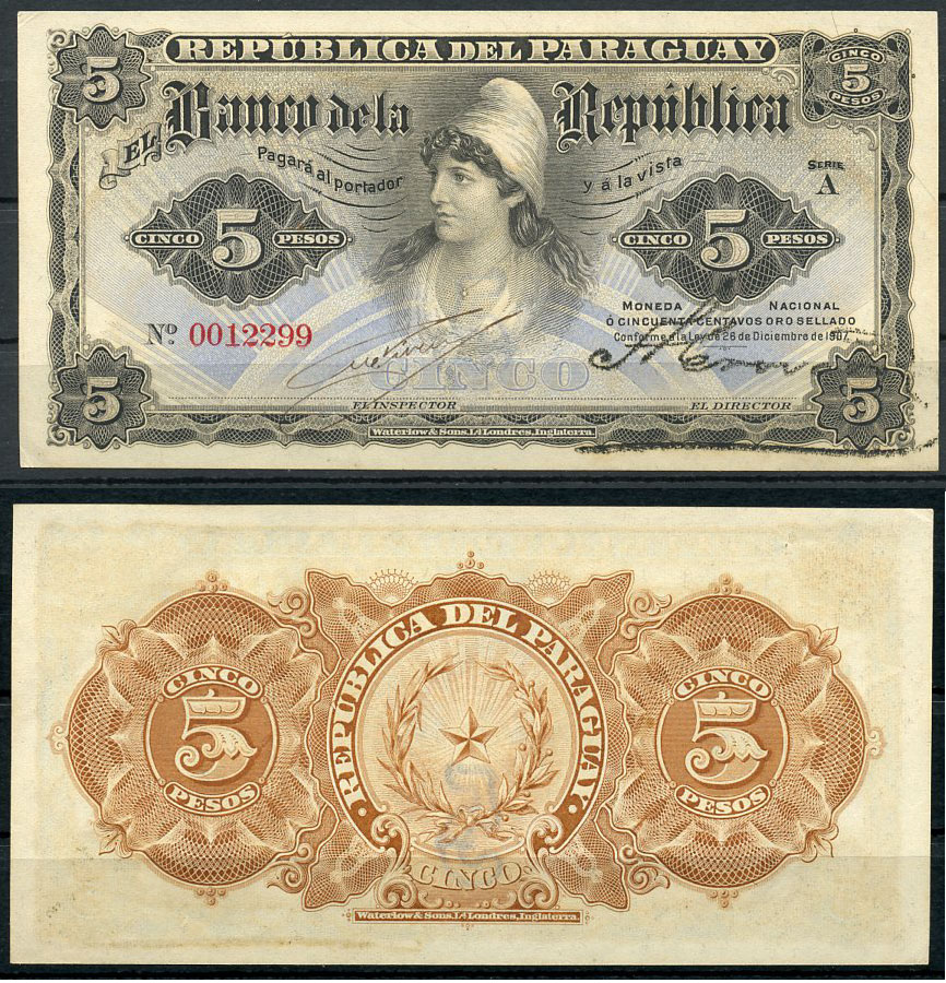 Парагвай 5 песо 1907 свобода, Viveros и Angel Crovatto Pick 156 a (1)  бумага  UNC (пресс) 451-305-3