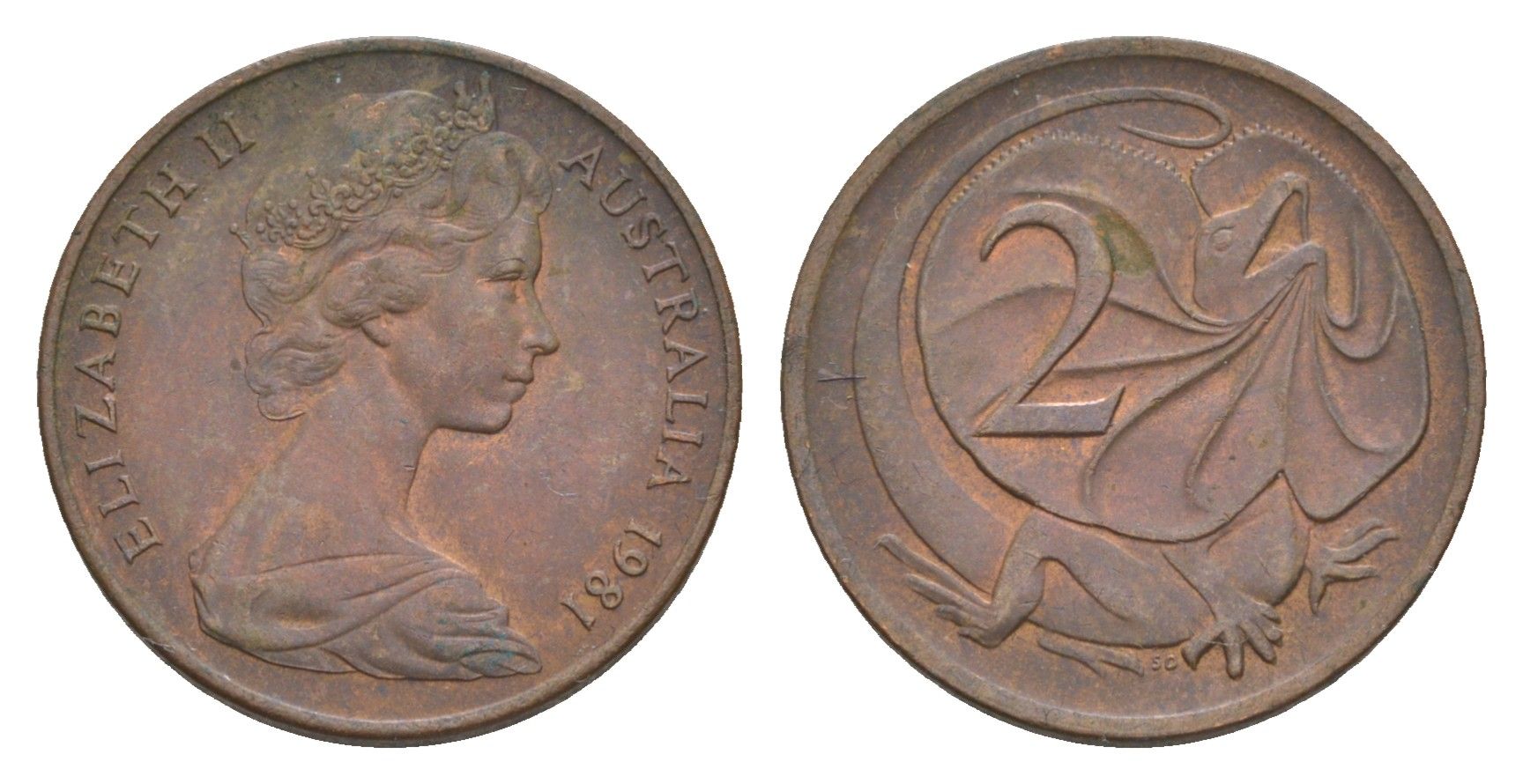 Австралия 2 цента 1981 Елизавета II (1952-2022), плащеносная ящерица KM 63 бронза 4655-1247