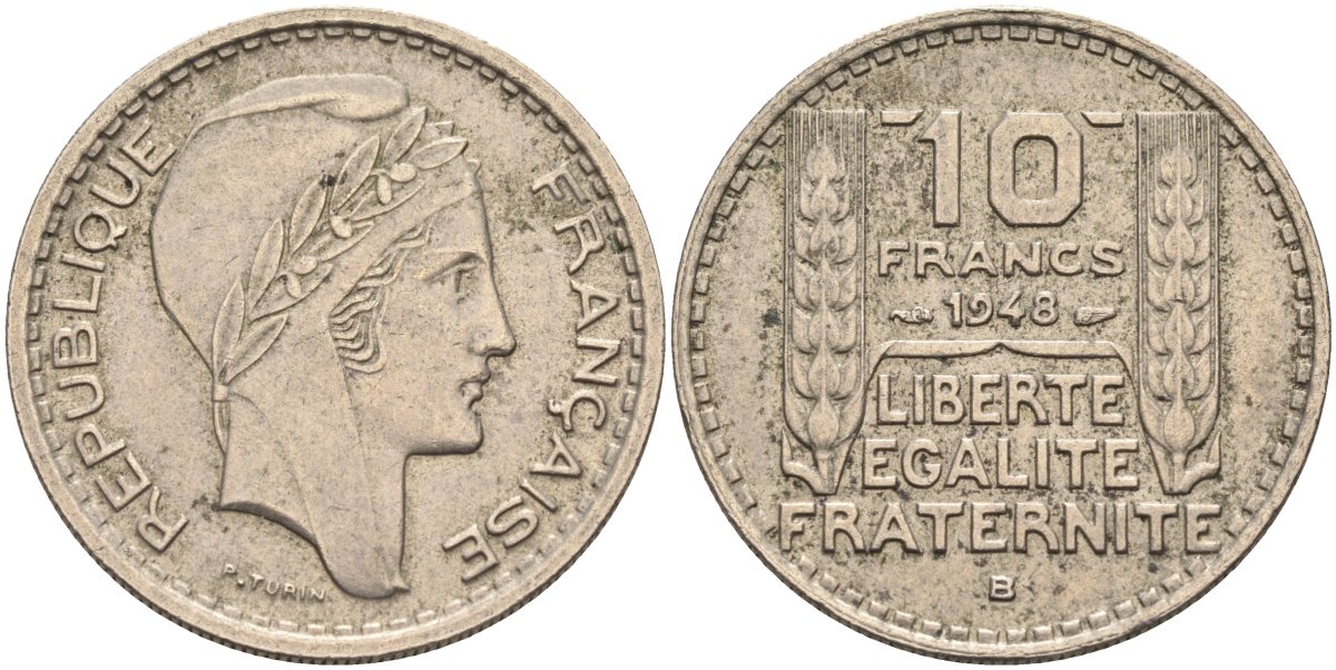 Франция 10 франков 1949 B, тип Пьер Турин KM 909.2, Le Franc 362.7 медно-никель 4126-917