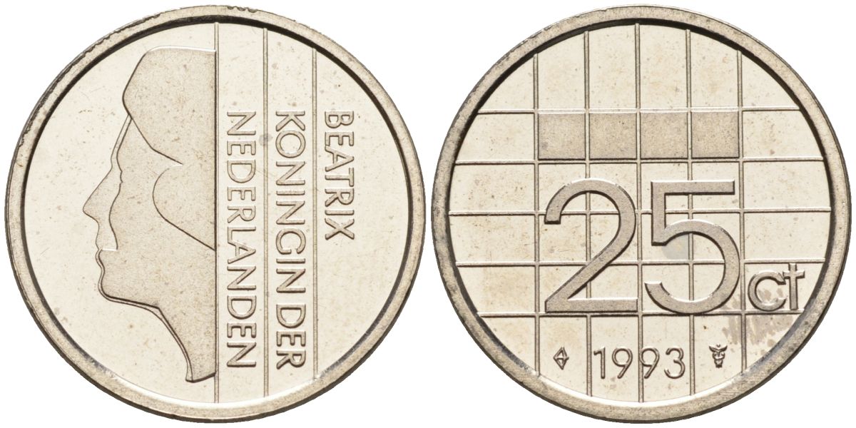 Нидерланды 25 центов 1993 Беатрикс (1980-2013) KM 204 никель UNC 4588-925