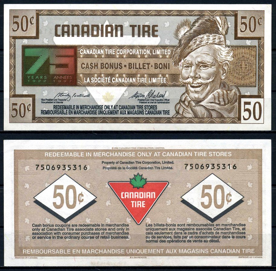 Канада купон на 50 центов 1996 Canadian Tire, 75 лет компании (1922-1972) бумага 2195-24-2-2