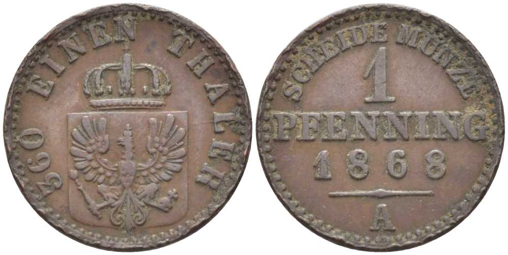 ПРУССИЯ 1 ПФЕННИГ 1868 А, ВИЛЬГЕЛЬМ I (1861-1888) KM 480 медь 201-551