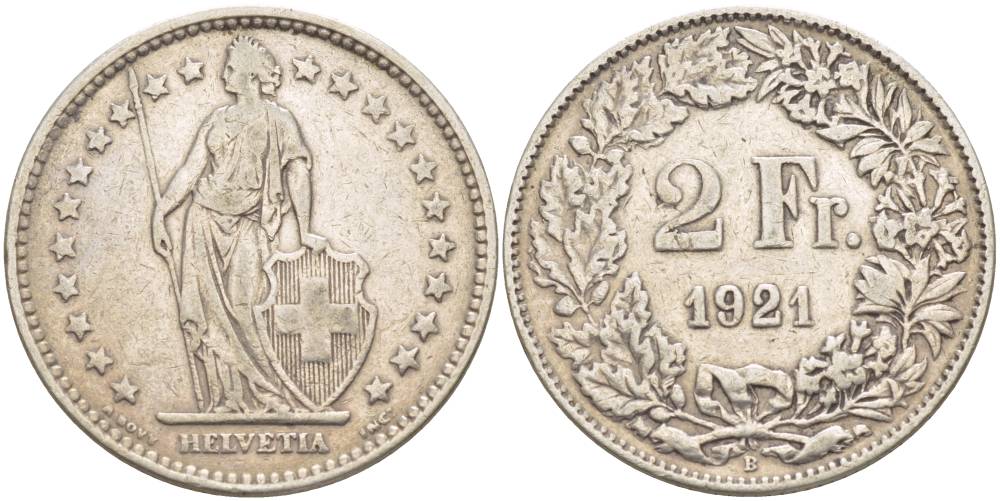 Швейцария 2 франка 1921 В KM 21 серебро 4542-433