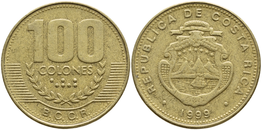 КОСТА-РИКА 100 КОЛОН 1999 B.C.C.R., ГОД ТИП KM 230а.1 латунь 59-121