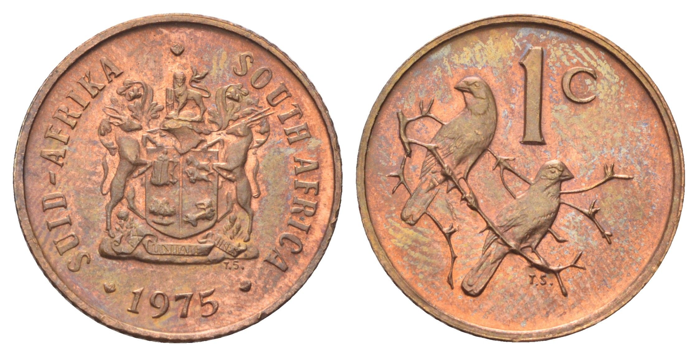 ЮАР 1 цент 1975 герб, капские воробьи KM 82 бронза UNC 4696-925