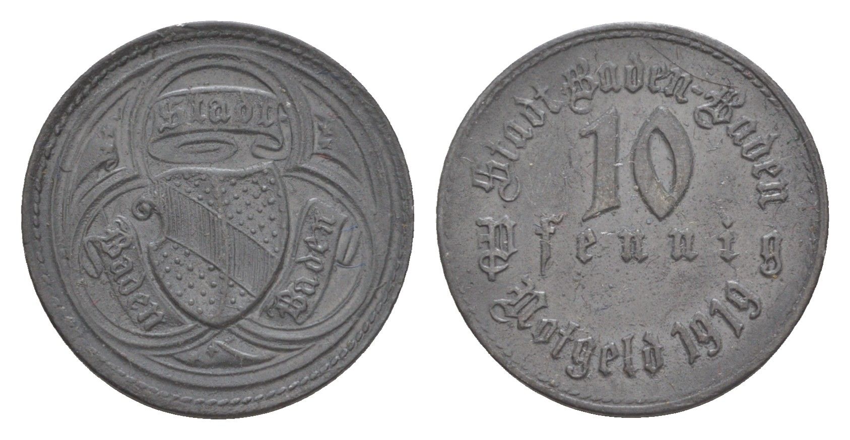 Баден-Баден 10 пфеннигов 1919 Funck 26.1, Men05 1200.1, Men18 1558.1 цинк 4636-829