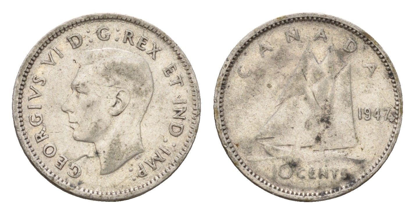 Канада 10 центов 1947 Георг VI (1936-1952), парусник KM 34 серебро 99-622