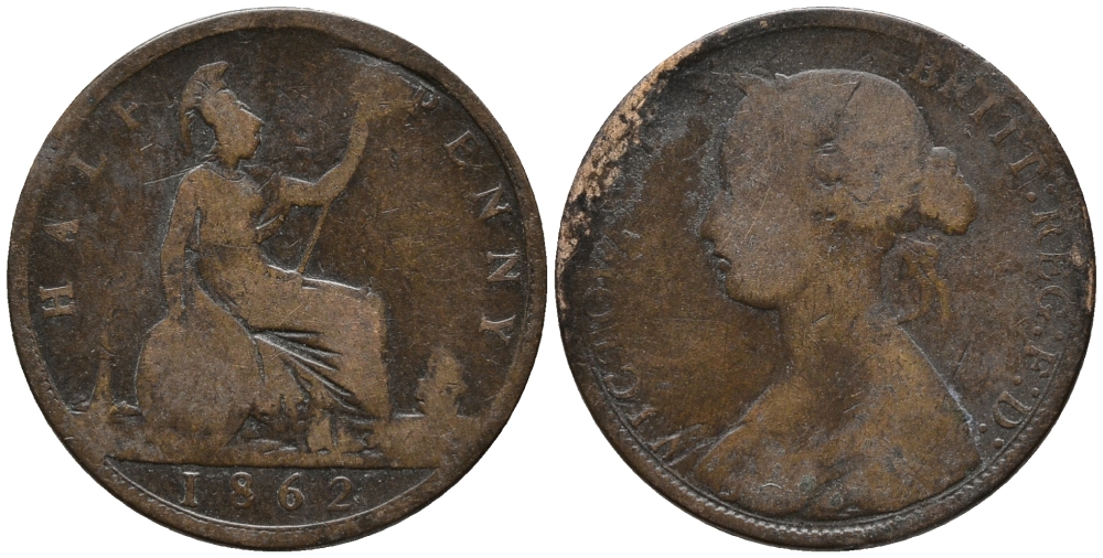 Великобритания 1/2 пенни 1862 Виктория (1837-1901) KM 748.2, Spink 3956 бронза 34-945
