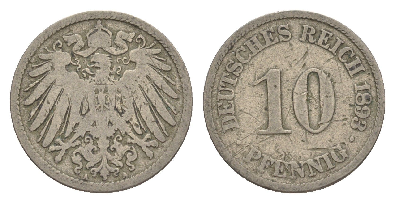 Германия 10 пфеннигов 1893 A, Вильгельм II (1888-1918) KM 12, J. 13 медно-никель 4640-231