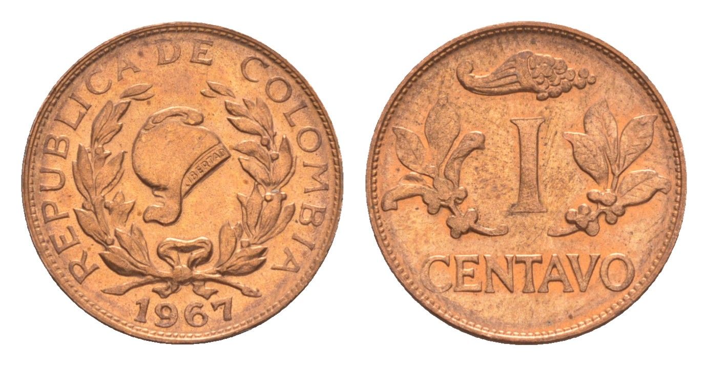 Колумбия 1 сентаво 1967 KM 205a сталь плакированная медью aUNC 4636-161
