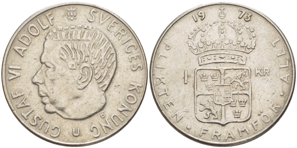 Швеция 1 крона 1973 Густав VI Адольф (1950-1973) KM 826а медь плакированная медно-никелем 4606-1054