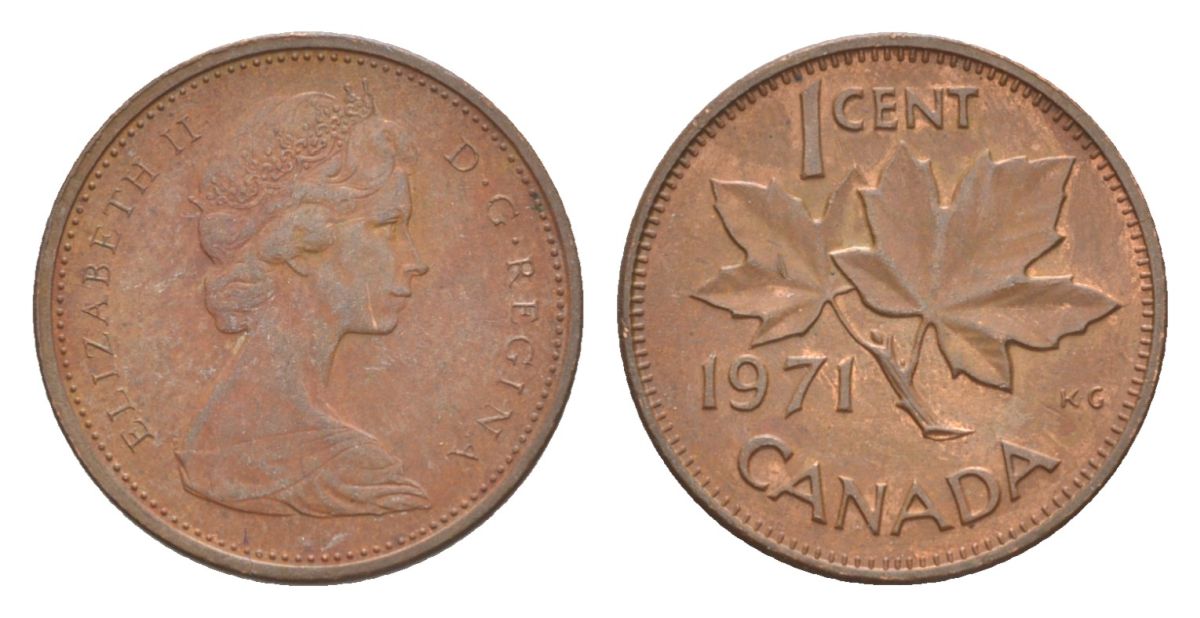 Канада 1 цент 1971 Елизавета II (1952-2022), кленовый лист KM 59 бронза 4630-549