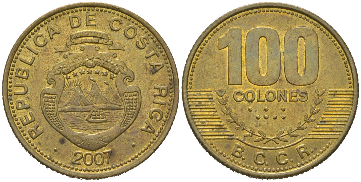 Коста-Рика 100 колонов 2007 KM 240a сталь плакированная латунью aUNC 4620-427