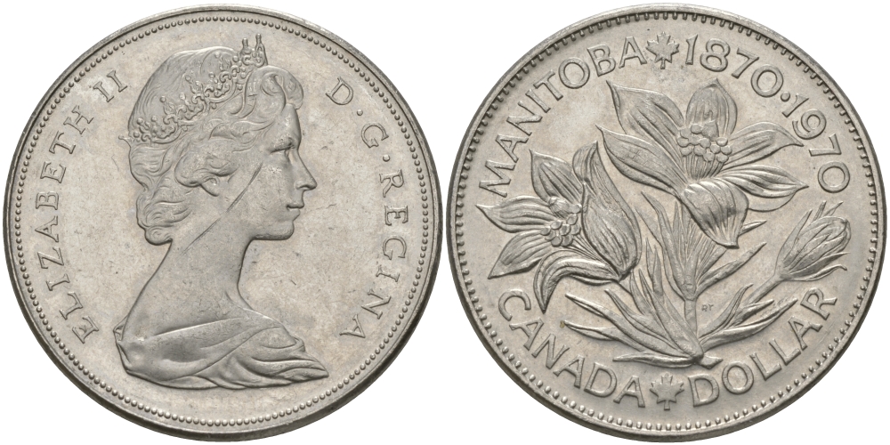 Канада 1 доллар 1970 100 лет со дня присоединения провинции Манитоба (1870-1970) KM 78 никель UNC 97-244