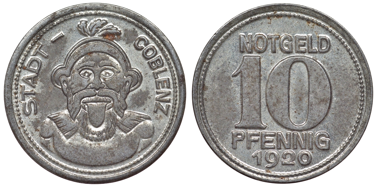 Германия, Кобленц 10 пфеннигов 1920 Рейнлянд-Пфальц, нотгельд Funck 80.3 железо 4119-1025
