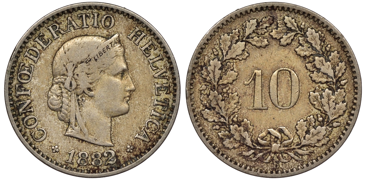 Швейцария 10 раппенов 1882 KM 27 медно-никель 4561-845