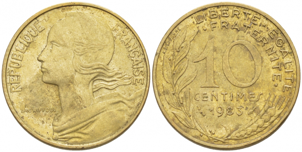 ФРАНЦИЯ 10 САНТИМОВ 1983 ТИП MARIANNE KM 929 медь алюминий никель 3309-1061