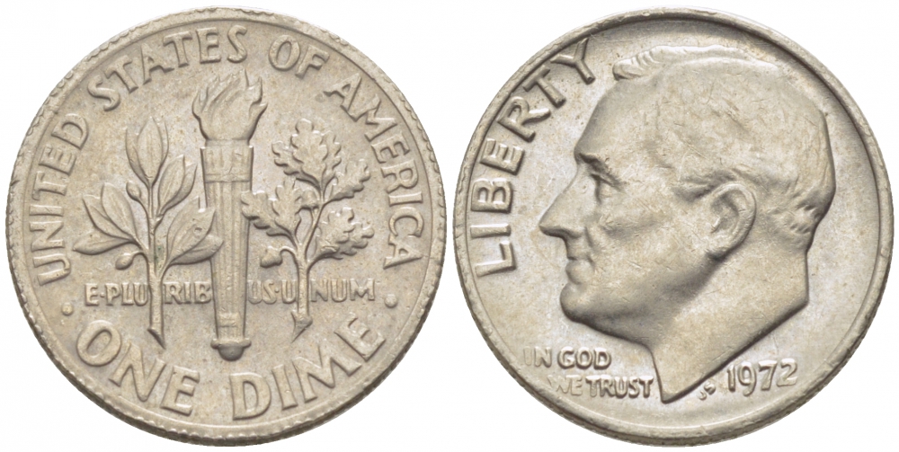 США 10 ЦЕНТОВ = 1 ДАЙМ 1972 РУЗВЕЛЬТ KM 195а медь плакированная медно-никелем 105-1044