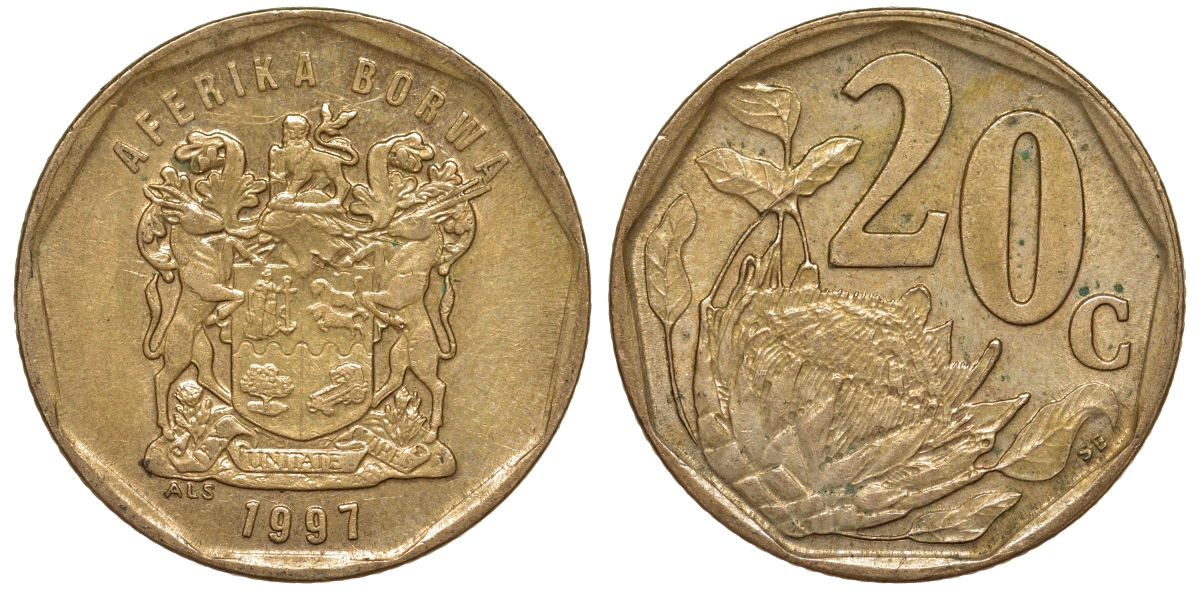 ЮАР 20 центов 1997 герб, цветок протея, легенда на тсвана KM 162 сталь плакированная латунью 4164-561