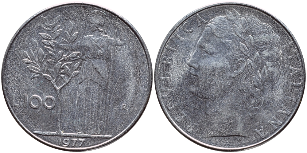 ИТАЛИЯ 100 ЛИР 1977 R , АФИНА KM 96.1 нержавеющая сталь 4394-622