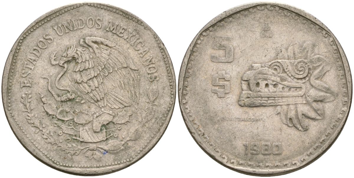Мексика 5 песо 1980 ацтеская скульптура, пернатый змей Кетцалькоатль KM 485 медно-никель 4120-931