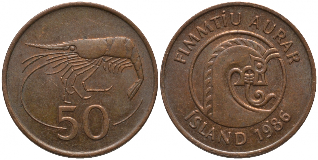 Исландия 50 эйре 1986 КРЕВЕТКА KM 26а сталь плакированная бронзой 181-634