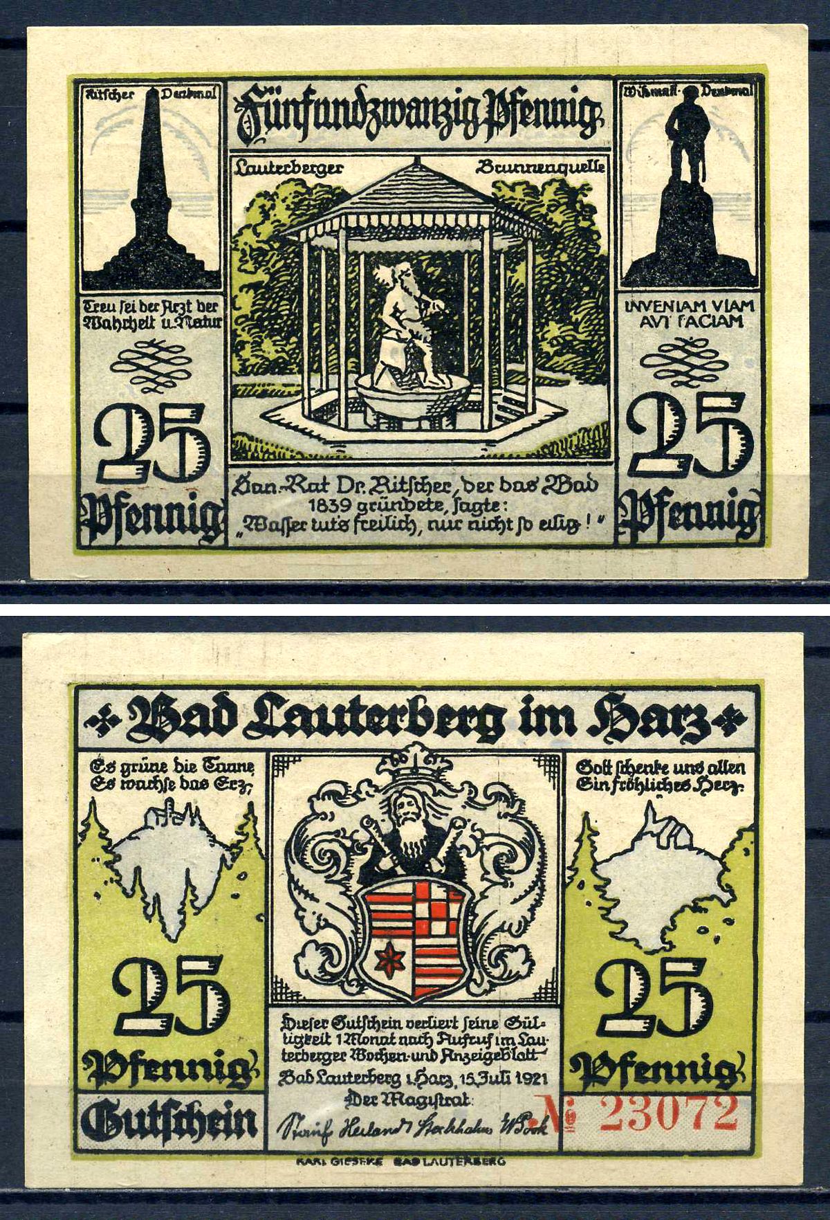 Бад-Лаутерберг (Пруссия) 25 пфеннигов 1921 бумага aUNC 7556-20-4-2