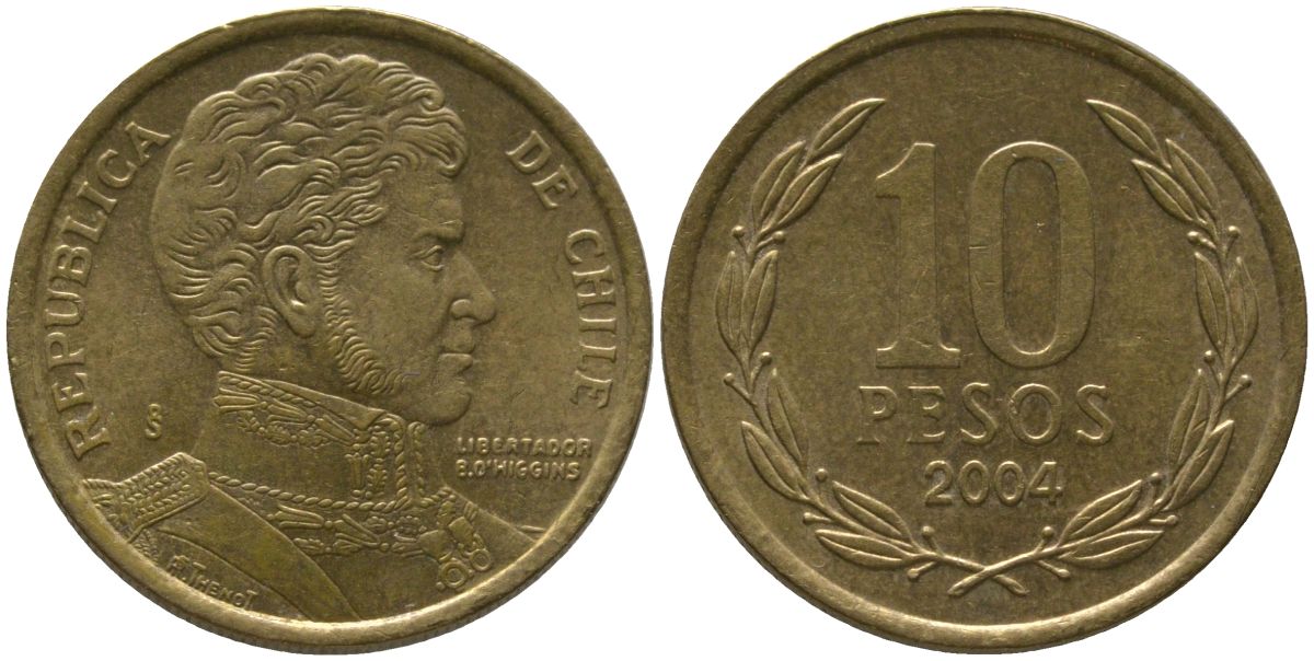 Чили 10 песо 2004 So KM 228.2, Schon 82 алюминиевая бронза 4544-727