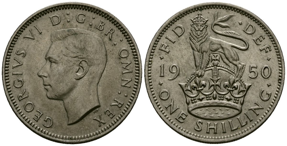 Великобритания 1 шиллинг 1950 Георг VI (1936-1952), Английский герб KM 863, Spink 4103 медно-никель 4546-1115