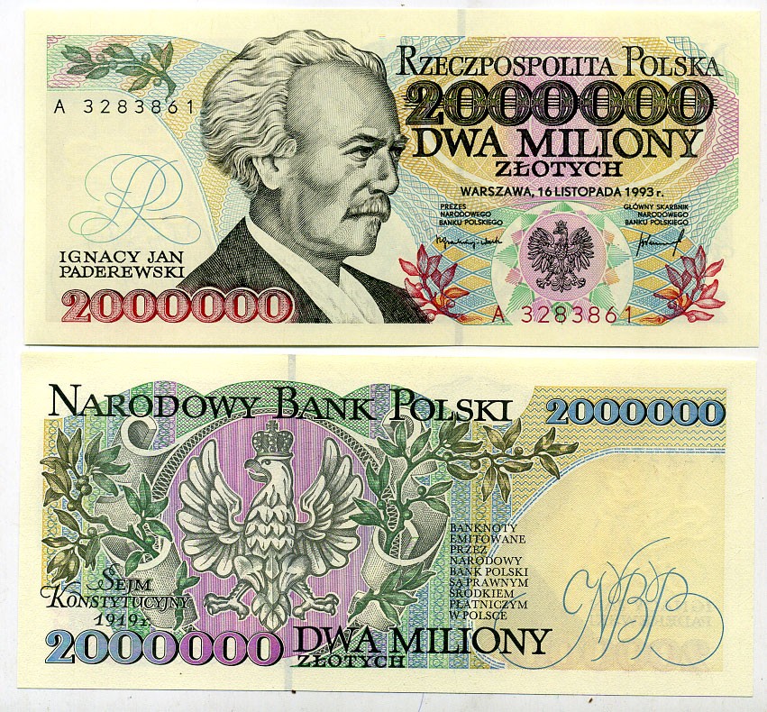 Польша 2000000 злотых 1993 серия A, Игнаций Ян Падеревский Pick 163 a  бумага UNC (пресс) 451-444-1