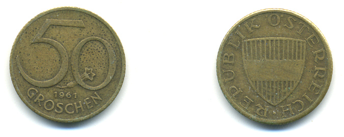 АВСТРИЯ 50 ГРОШЕЙ 1961 KM 2885 алюминиевая бронза 83-412