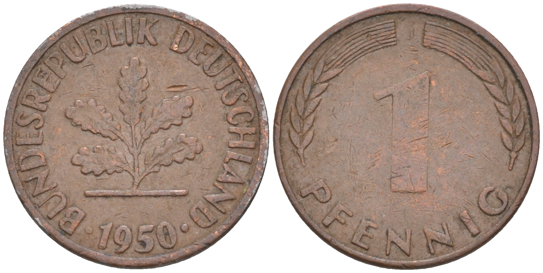 ФРГ 1 пфенниг 1950 J KM 105, J.380 сталь плакированная медью 187-855