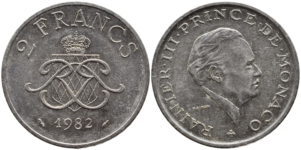 Монако 2 франка 1982 Ренье III (1949-2005) KM 157 никель 4389-1234
