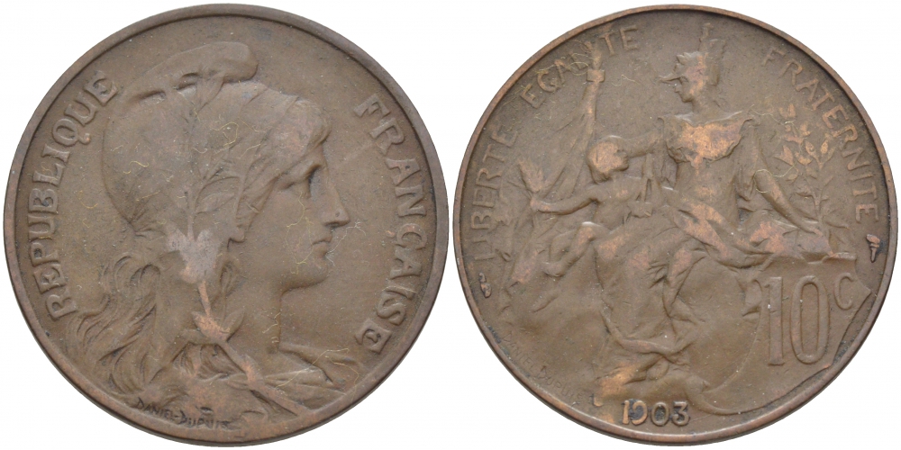 ФРАНЦИЯ 10 САНТИМОВ 1903 ТИП ДАНИЭЛЬ ДЮПЮИ KM 843, LA FRANC 136.13 бронза 114-732