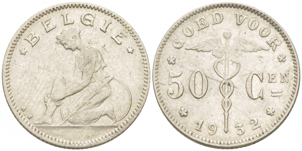 БЕЛЬГИЯ 50 САНТИМОВ 1932 BELGIE KM 88 никель 261-1169